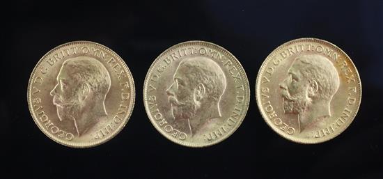 Three George VI gold sovereigns, all EF